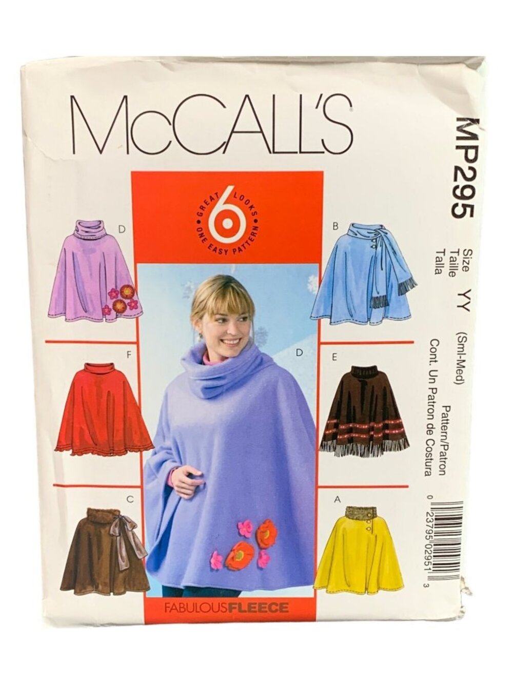 McCalls Sewing Pattern MP295 Fleece Ponchos Capes Wraps Size S-M-L Uncut
